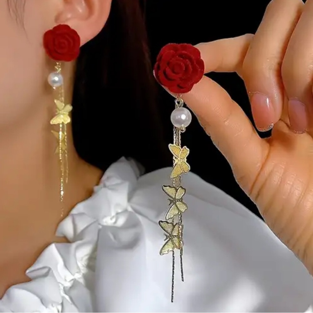 Elegant Red Rose and Gold Butterfly Dangle Earrings